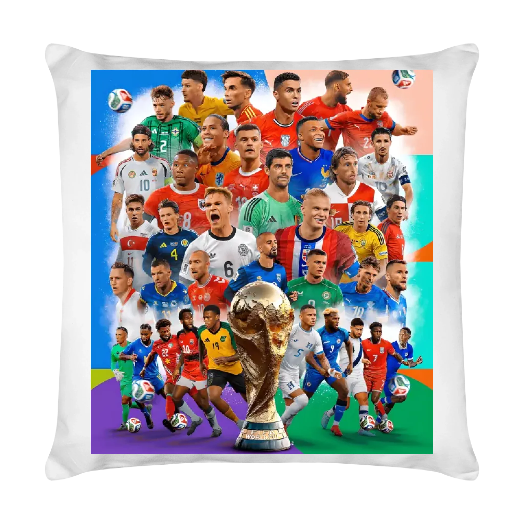 Fußball-Stars Collage Kissen – Weltmeisterschaft Edition mit ikonischem Pokal